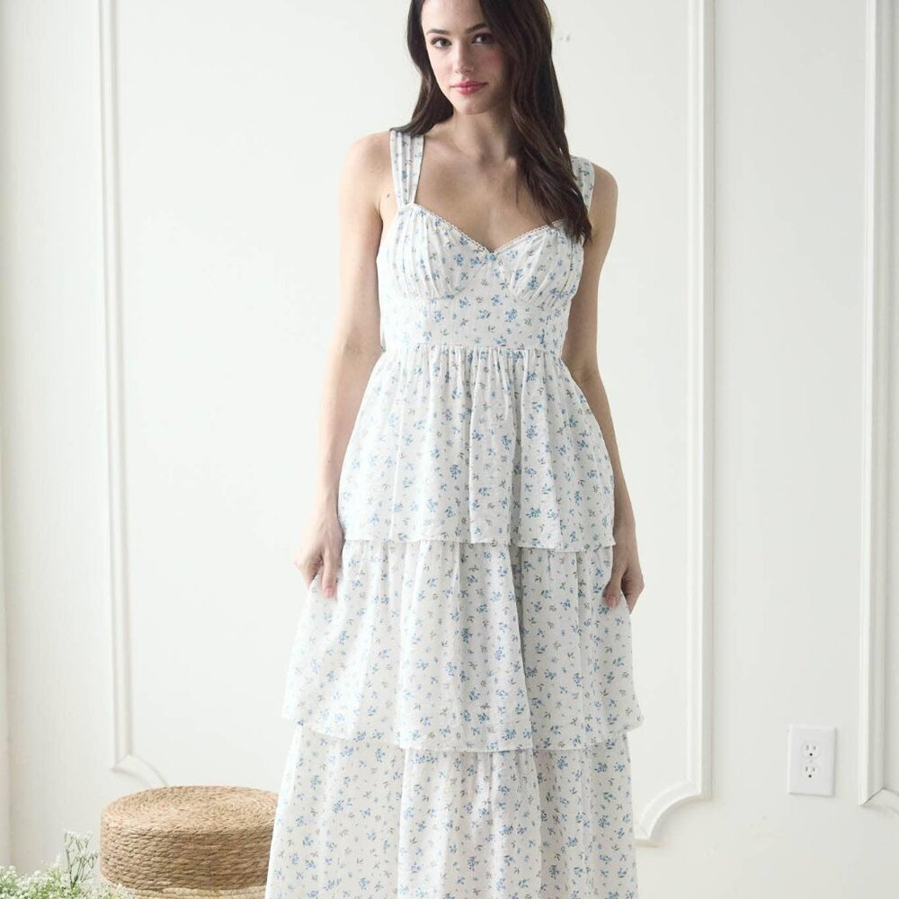 Blu Pepper White Floral Tiered Midi Dress